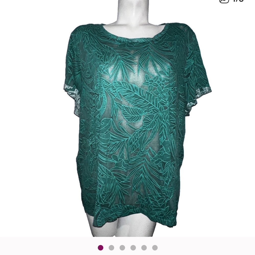 Junarose Kelly Green/Teal Floral Semi- Sheer Blouse